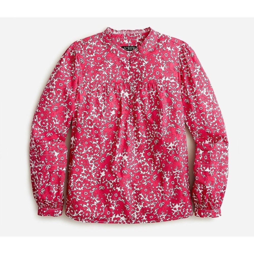 J.Crew Pink Floral Cotton Ruffle Neck Quarter Blouse Top Sz Medium